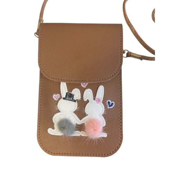 Brown Crossbody Shoulder Bag With Bunny Design & Pom Pom Accents - Picture 2 of 3